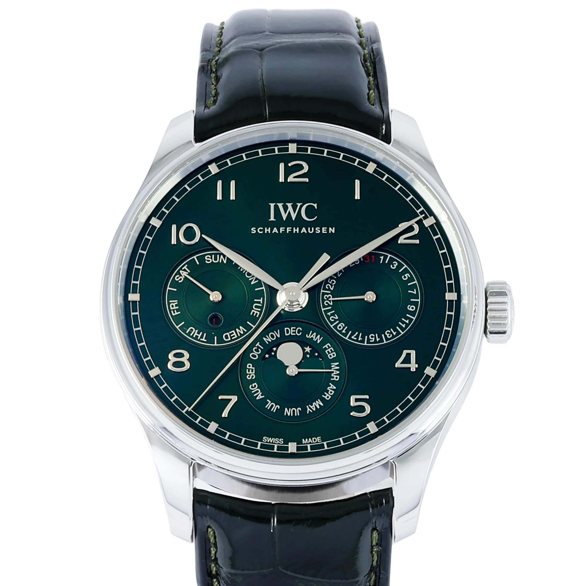 IWC Portuguese Perpetual Calendar 42 IW344207 Green/Arabic Dial Pre-owned Men's Watch