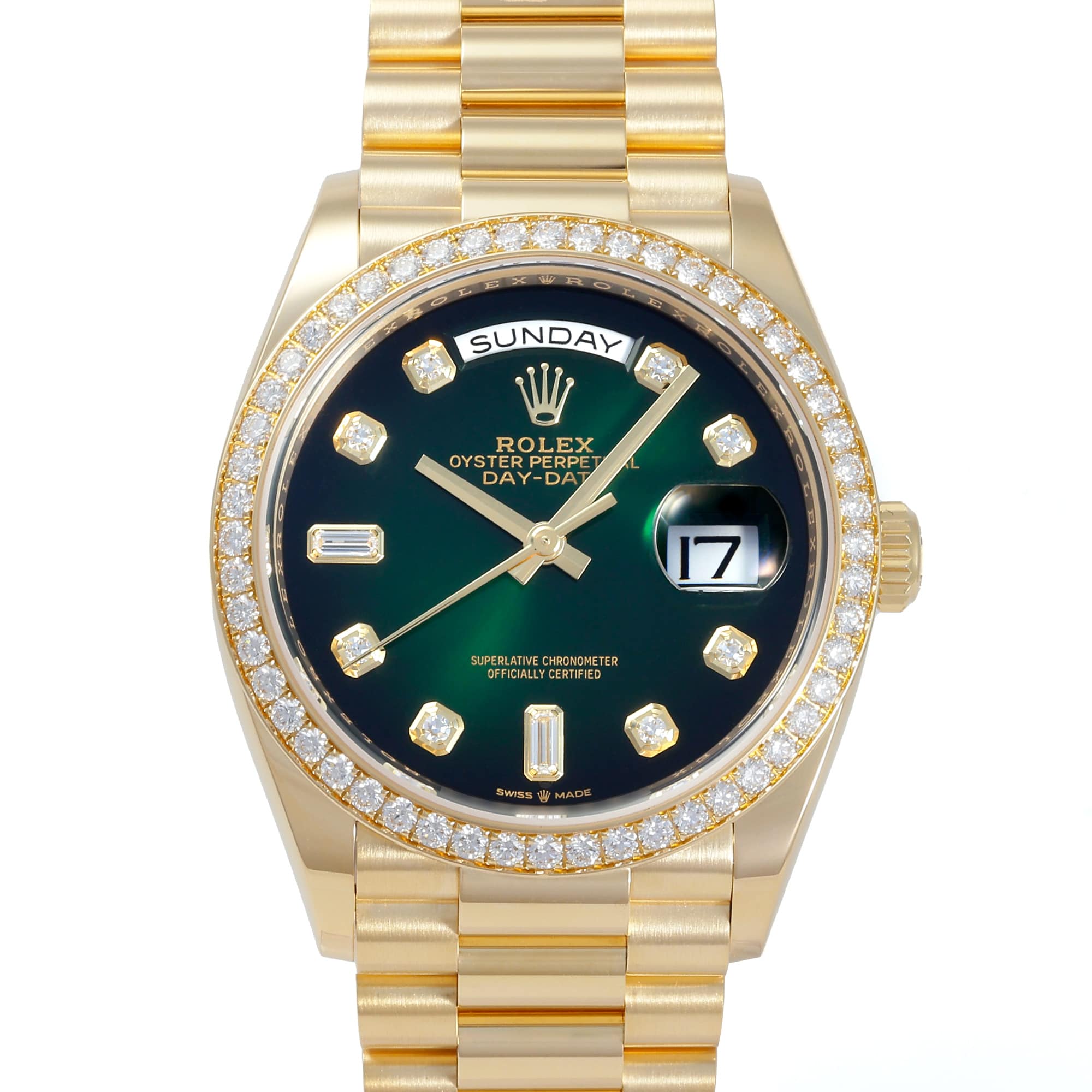 롤렉스 ROLEX 데이 데이트 36 128348RBR 그린 옴브레/8PD/2PB 문자판 중고 손목시계 맨즈